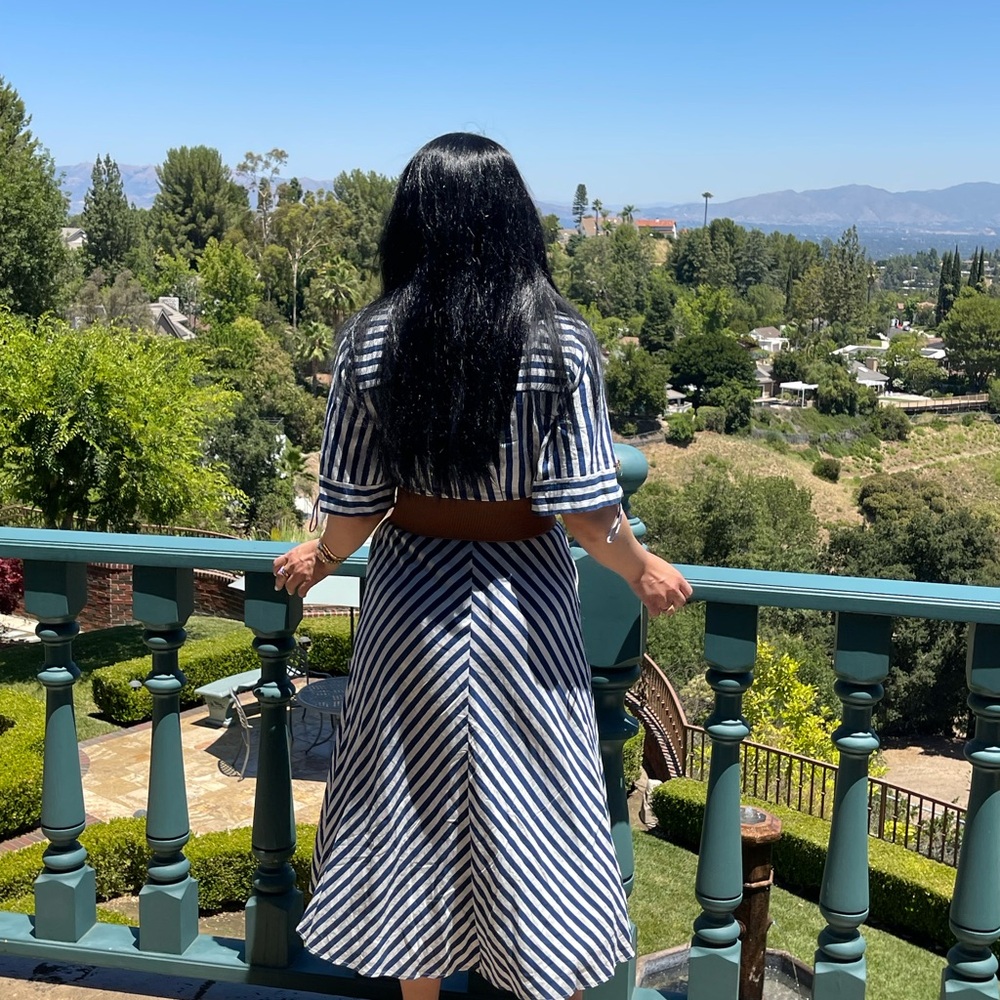 Striped Navy and White Midi Dress with Belt
